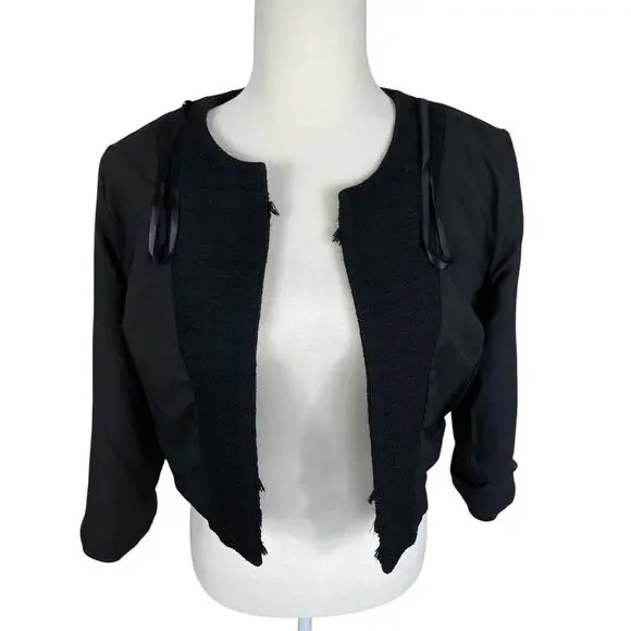 Karl Lagerfeld Paris Tweed Cropped Blazer Jacket Fringe Black Size Small Chic - Picture 10 of 15